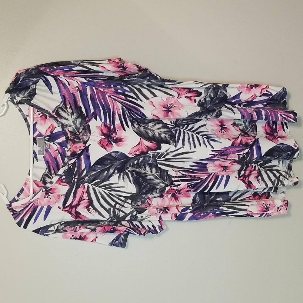 Tropical Palm Leaves & Pink Flowers Blouse 3X